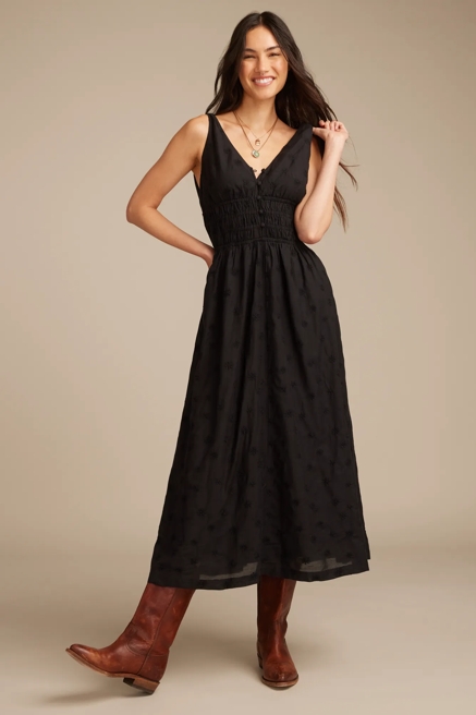 V-NECK SMOCKED WAIST MIDI DRESS, image 1