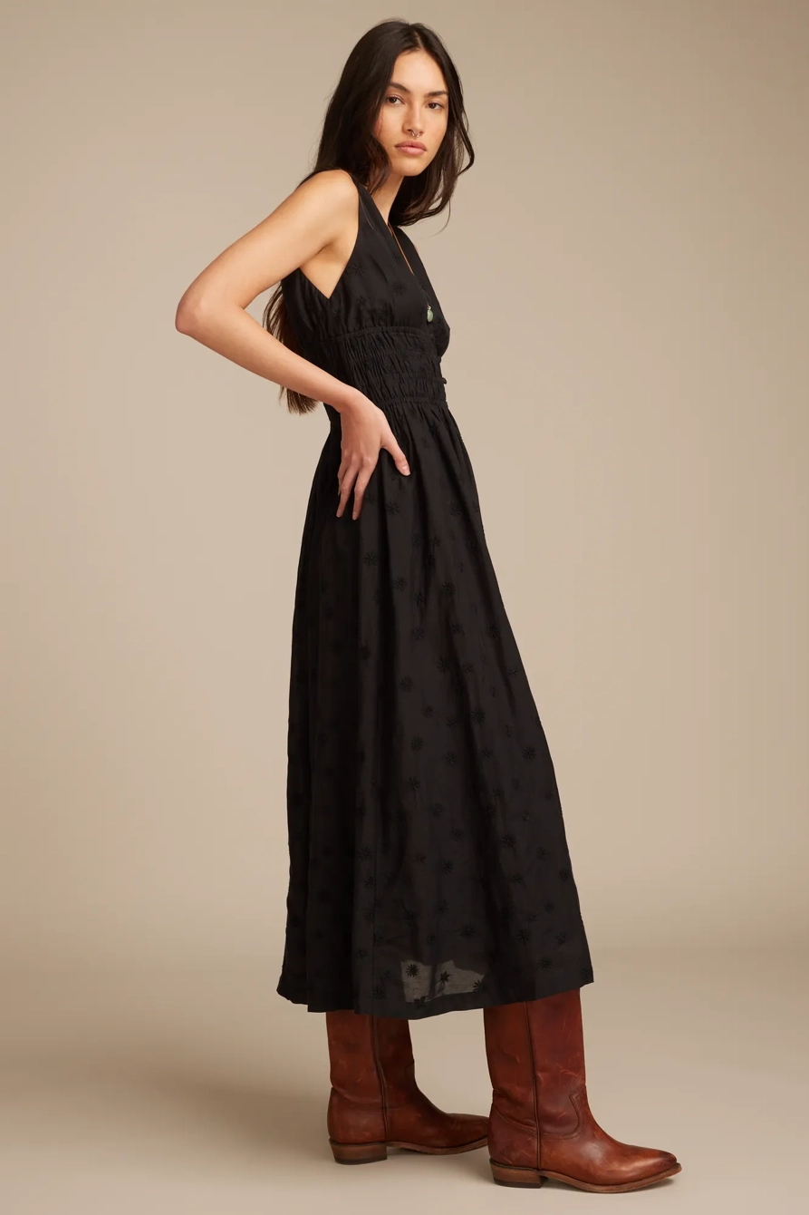 V-NECK SMOCKED WAIST MIDI DRESS