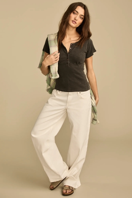 CROCHET TRIM SHORT SLEEVE HENLEY, image 1