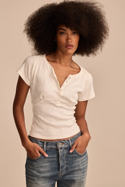 CROCHET TRIM SHORT SLEEVE HENLEY, image 1