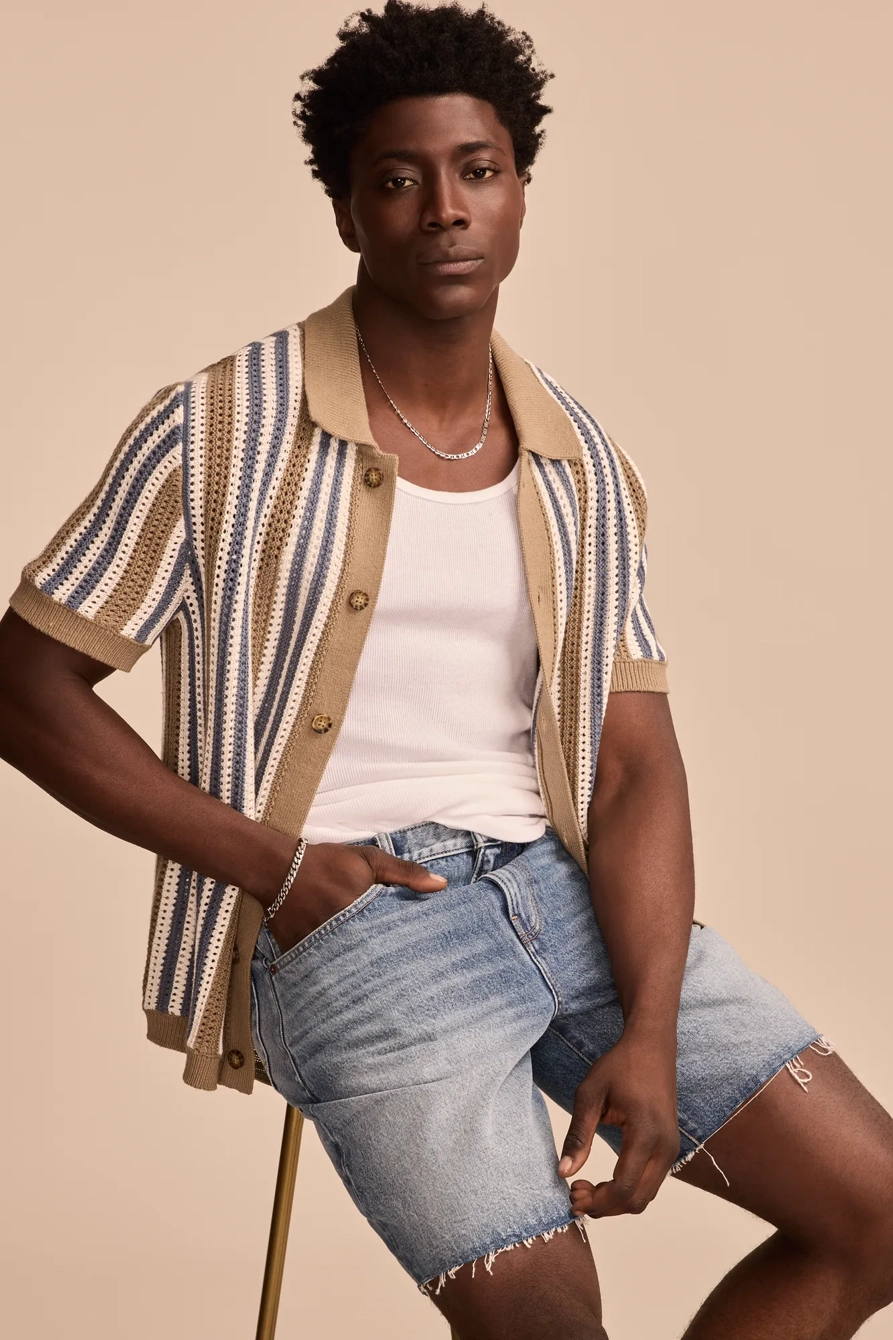 STRIPE BUTTON THROUGH SWEATER