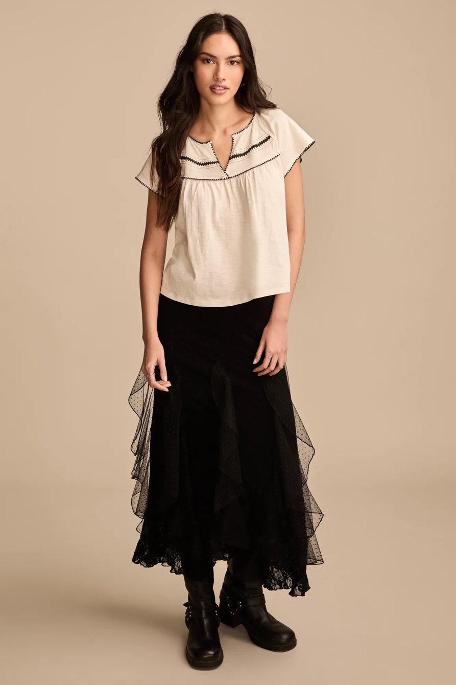 CONTRAST TRIM SHORT SLEEVE PEASANT TOP, image 2