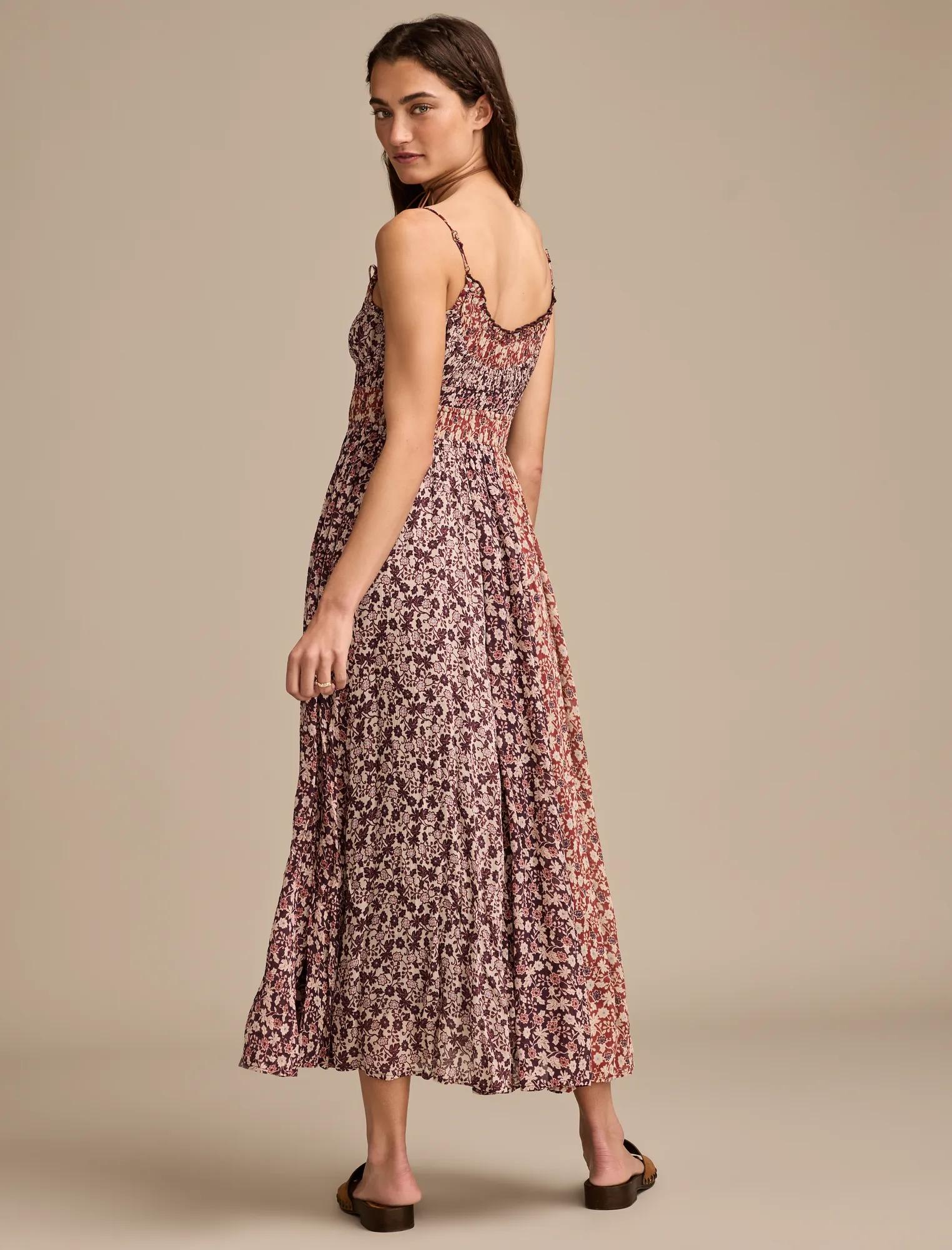 Lucky Brand Women's Floral Print Smocked Midi Dress - Burgundy Combo - Size XL FLORAL PRINT MIX SMOCKED MIDI DRESS | Lucky Brand