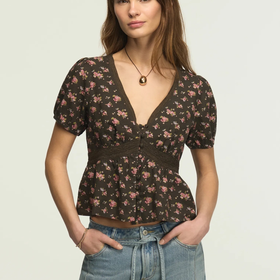 Lucky Brand Lace Peplum Blouse - Women's Clothing Blouses Tops Dress Shirts in Black Floral