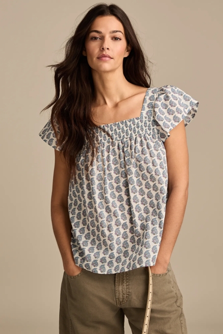 SMOCKED SQUARE NECK PEASANT TOP, image 1