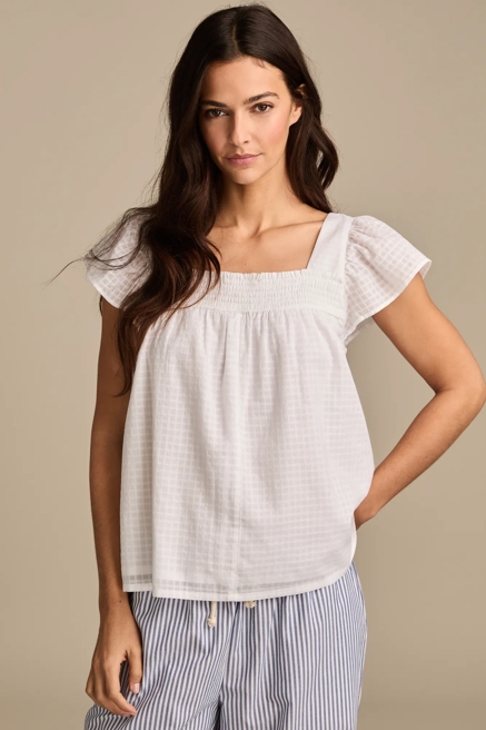 SMOCKED SQUARE NECK PEASANT TOP, image 1