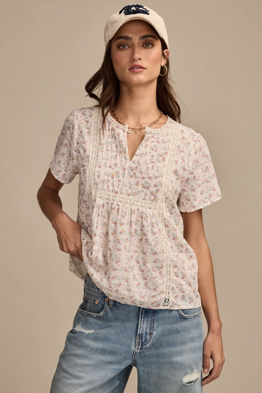 LACE PINTUCK PEASANT BLOUSE