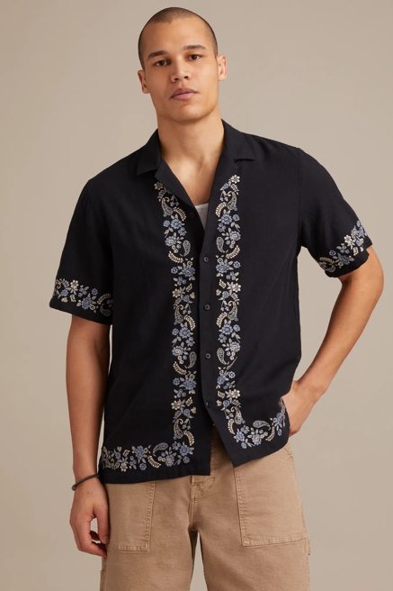BORDER EMBROIDERED SHORT SLEEVE CAMP COLLAR SHIRT, image 1