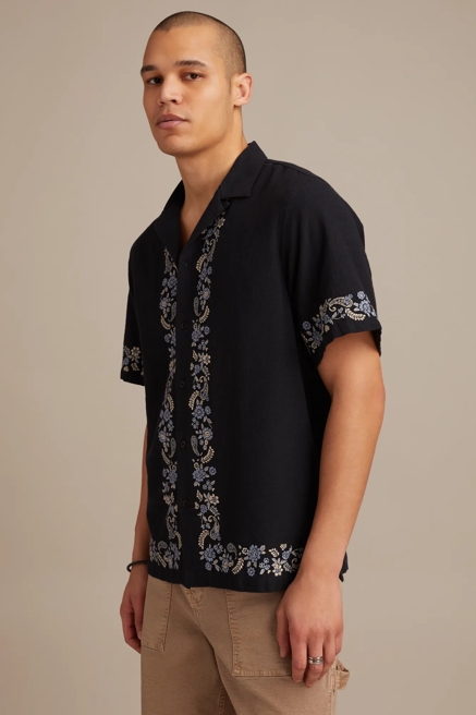 BORDER EMBROIDERED SHORT SLEEVE CAMP COLLAR SHIRT, image 3
