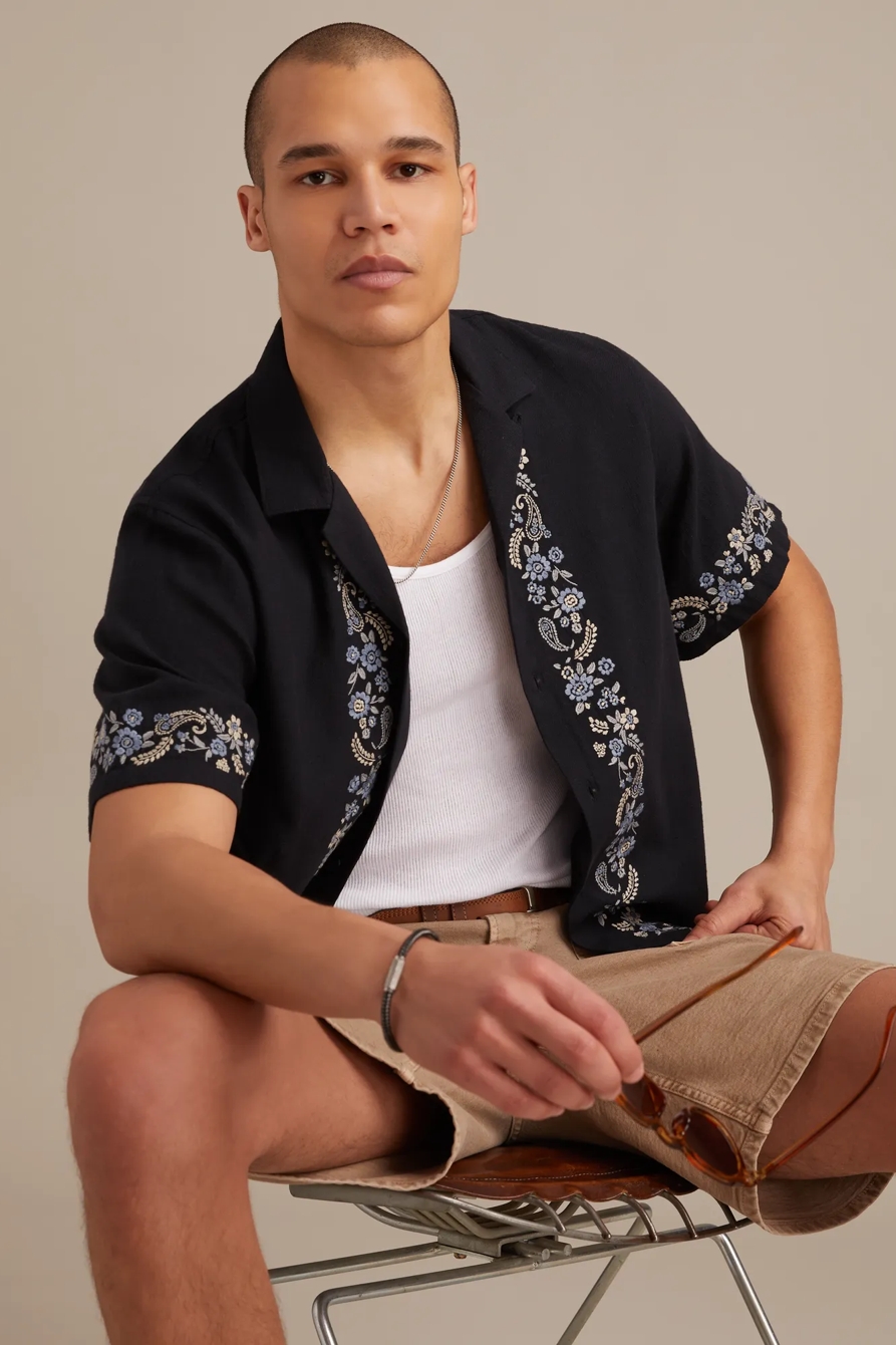 BORDER EMBROIDERED SHORT SLEEVE CAMP COLLAR SHIRT, image 5