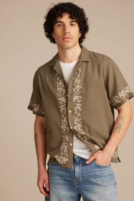 BORDER EMBROIDERED SHORT SLEEVE CAMP COLLAR SHIRT, image 1
