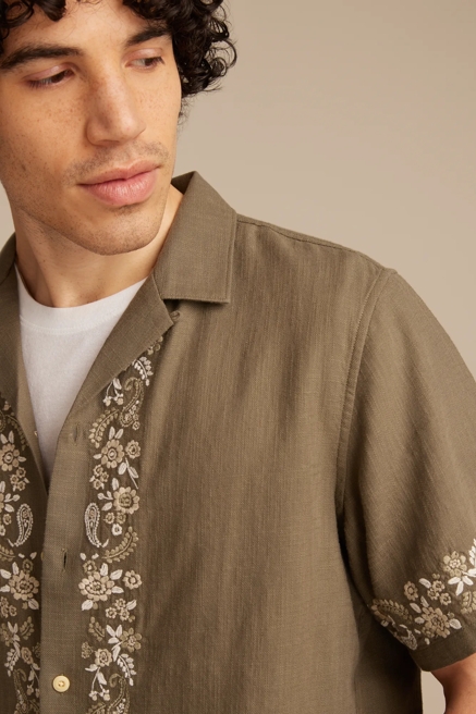 BORDER EMBROIDERED SHORT SLEEVE CAMP COLLAR SHIRT, image 2