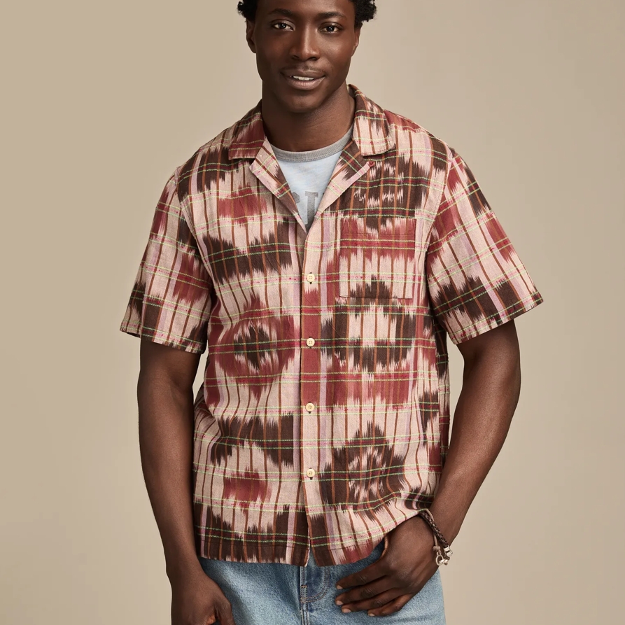 Lucky Brand Ikat Camp Collar Short Sleeve Shirt - Men's Clothing Outerwear Shirt Jackets in Brown Multi