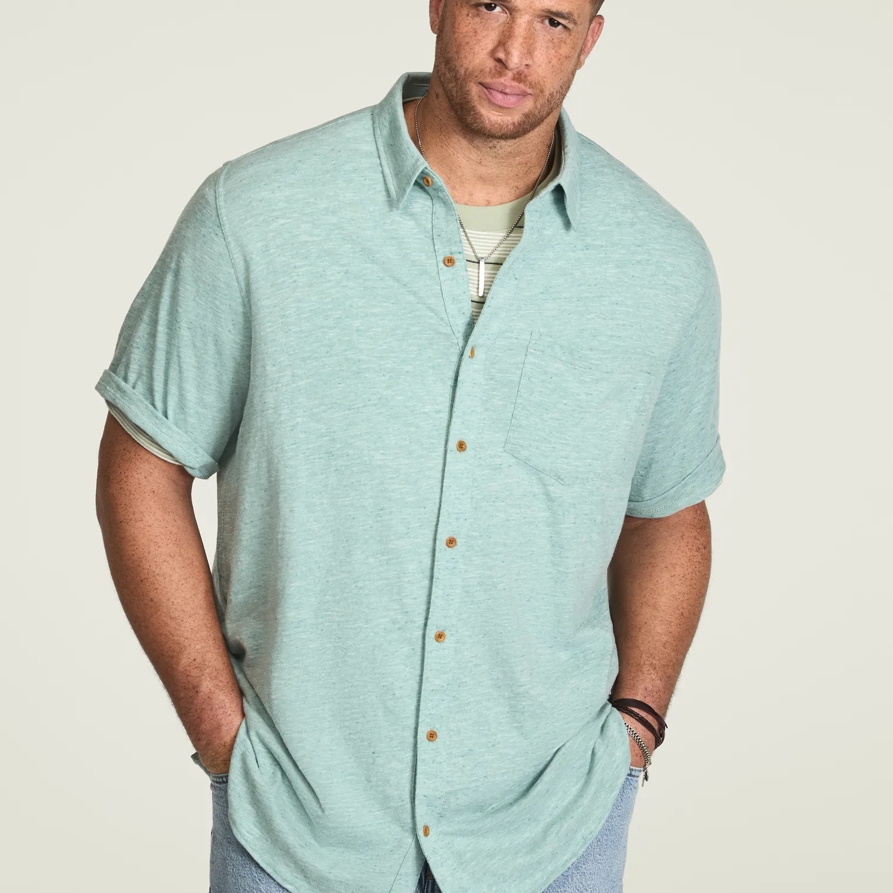 Lucky Brand Big & Tall Linen Short Sleeve Button Up Shirt - Men's Clothing Outerwear Shirt Jackets in Teal