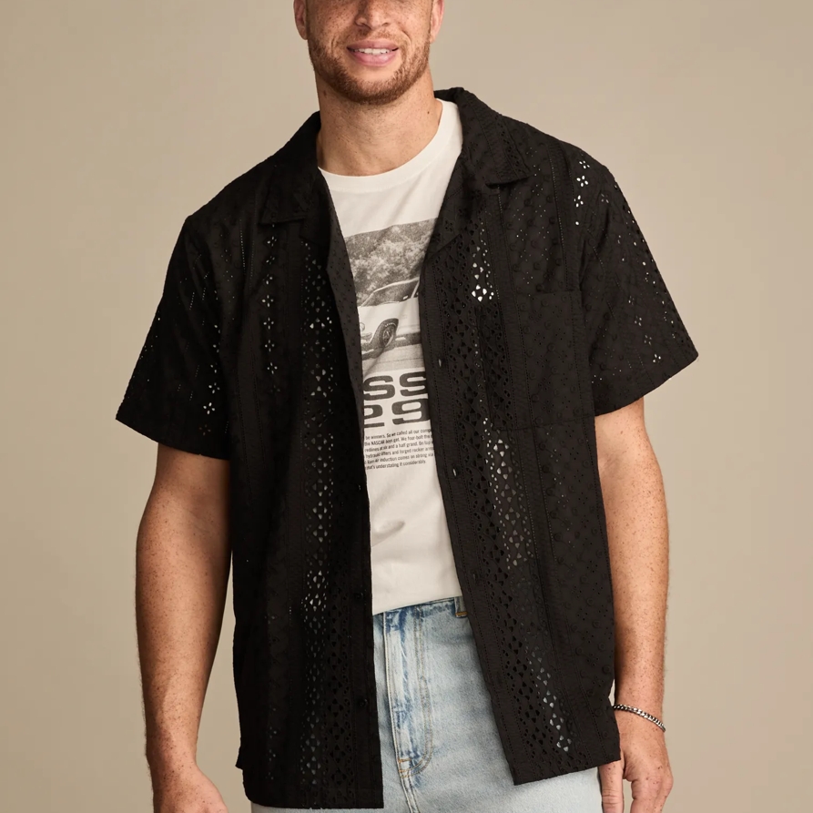 Lucky Brand Short Sleeve Eyelet Camp Collar Shirt - Men's Clothing Outerwear Shirt Jackets in Raven
