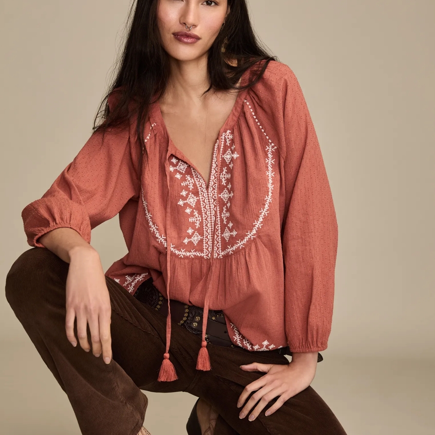 Lucky Brand Easy Embroidered Peasant Top - Women's Clothing Peasant Tops Shirts
