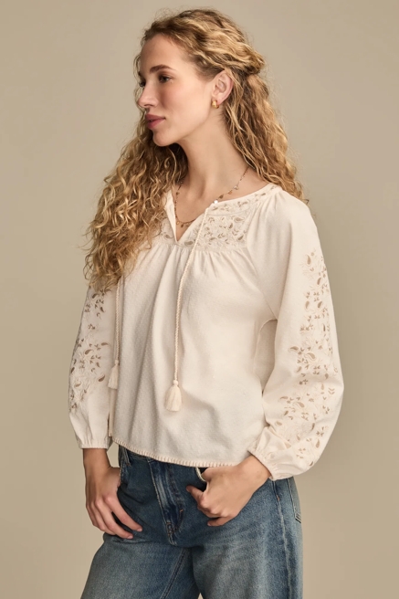 EMBROIDERED NOTCH NECK PEASANT TOP, image 4
