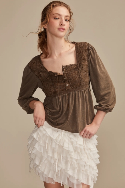 EMBROIDERED YOKE SQUARE NECK TOP, image 1