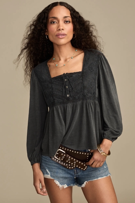 EMBROIDERED YOKE SQUARE NECK TOP, image 1