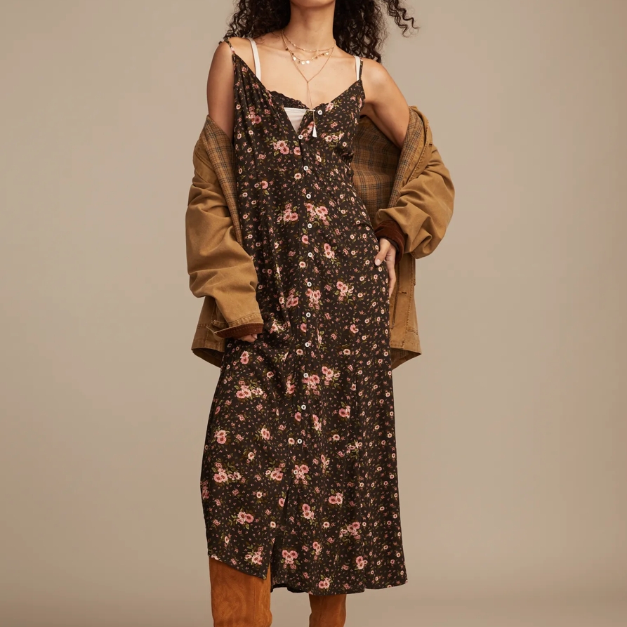 Lucky Brand Print Mix Button Through Midi Dress – Women’s Clothing Dresses Shirt Midi Dress