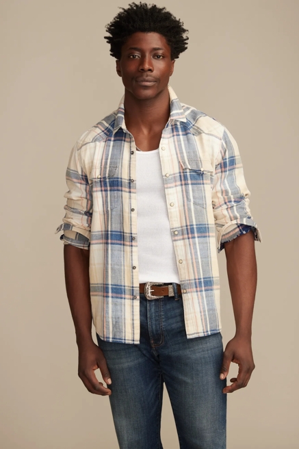 LONG SLEEVE INDIGO PLAID MESA WESTERN SHIRT, image 1