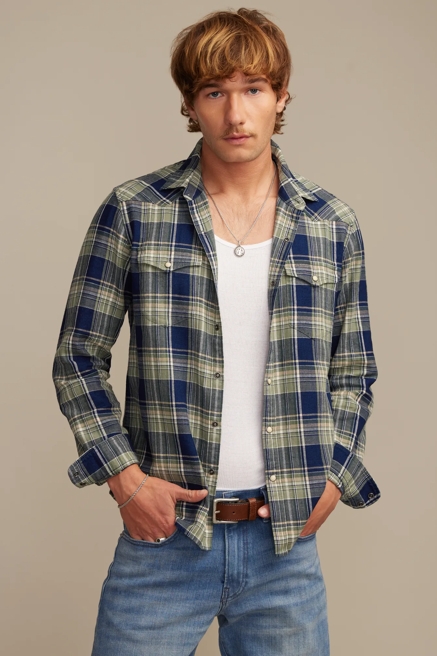 LONG SLEEVE INDIGO PLAID MESA WESTERN SHIRT, image 1