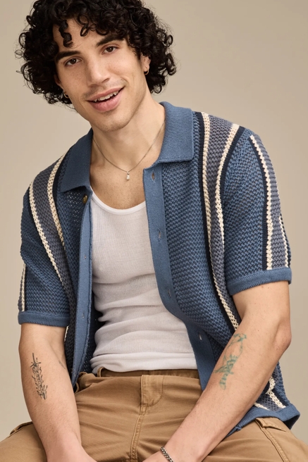 BORDER STRIPE BUTTON DOWN SWEATER, image 1