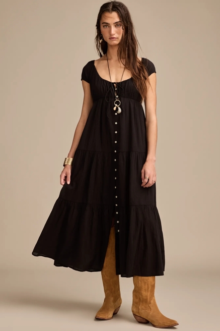 BUTTON FRONT TIERED MIDI DRESS, image 3