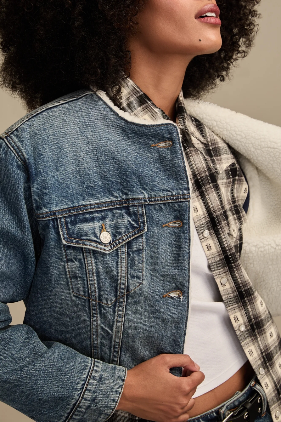 FAUX SHEARLING COLLARLESS CROPPED TRUCKER, image 2