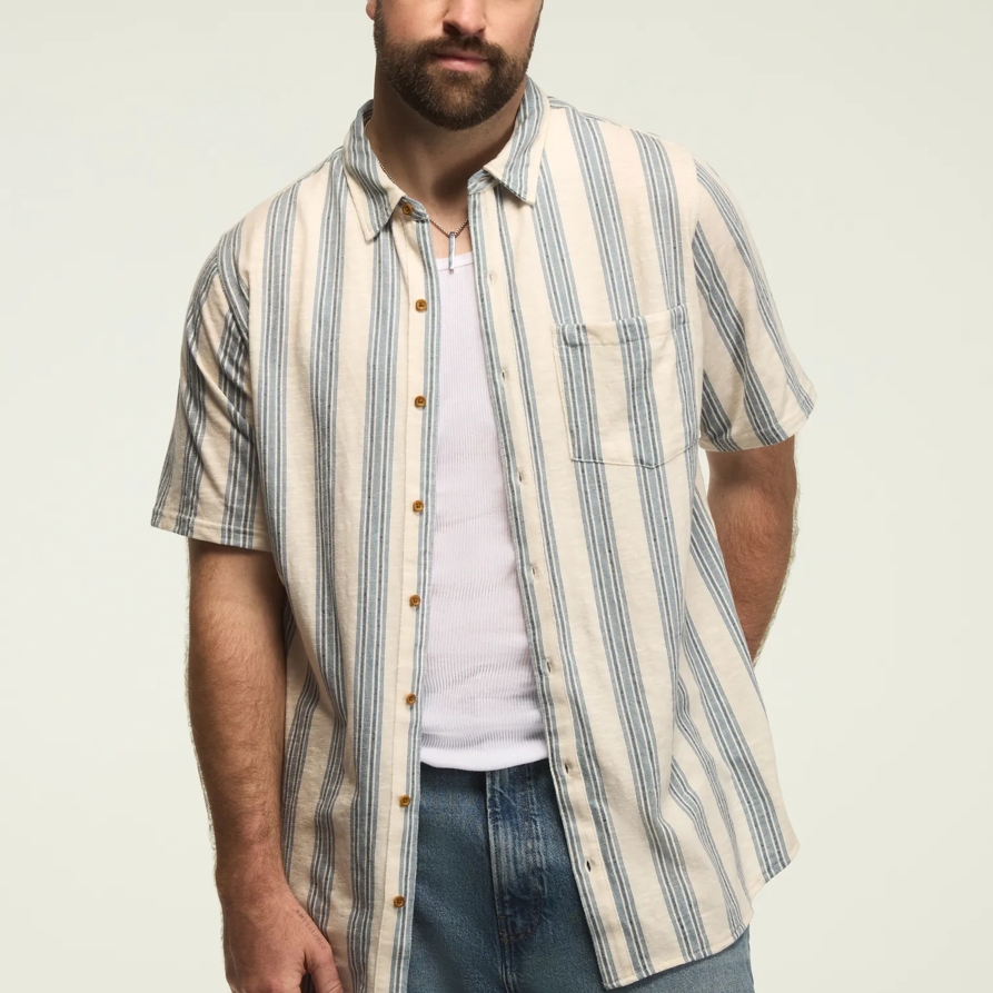Lucky Brand Big And Tall Linen Short Sleeve Ombre Stripe Shirt - Men's Clothing Outerwear Shirt Jackets in Blue Multi