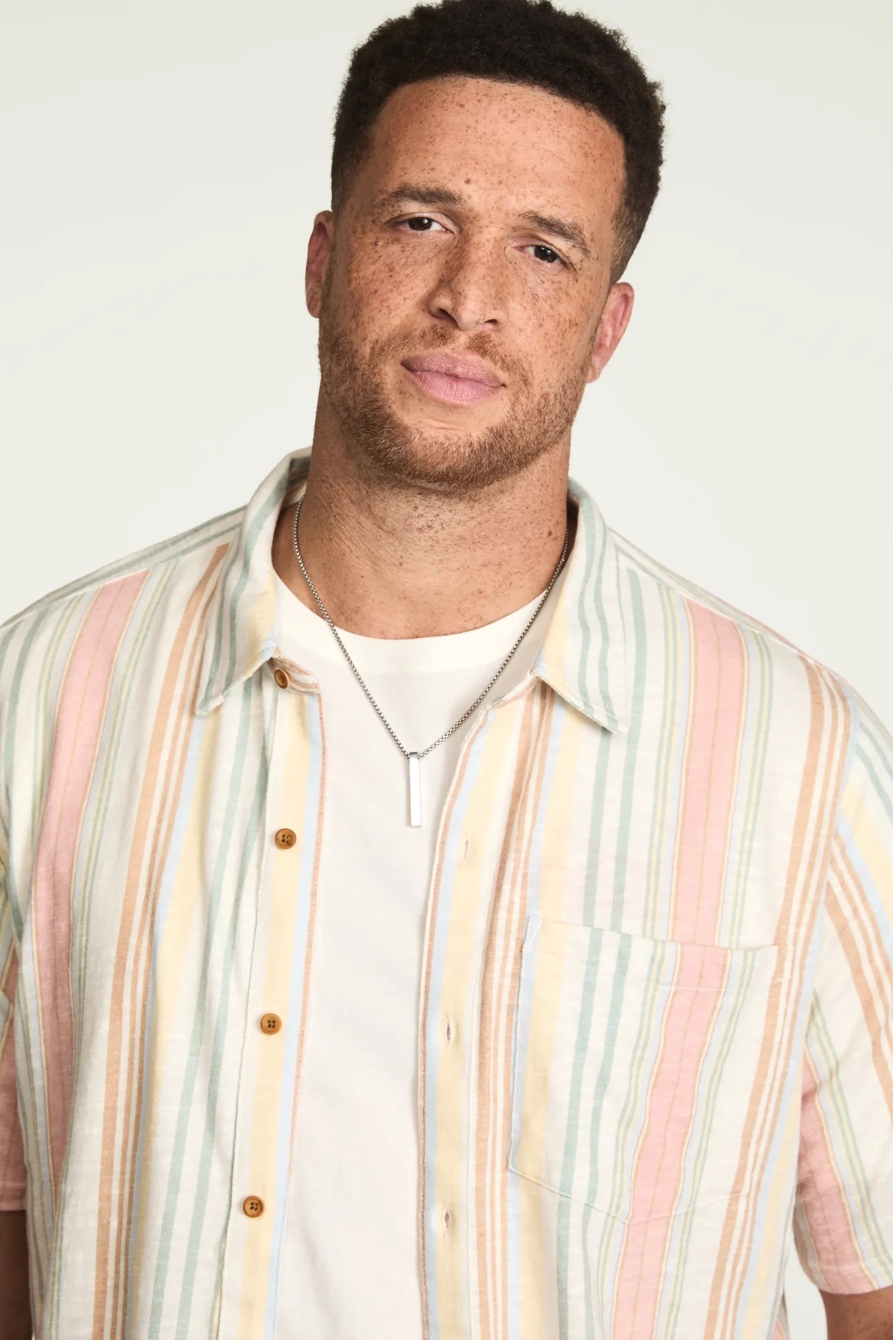 BIG AND TALL LINEN SHORT SLEEVE OMBRE STRIPE SHIRT, image 2