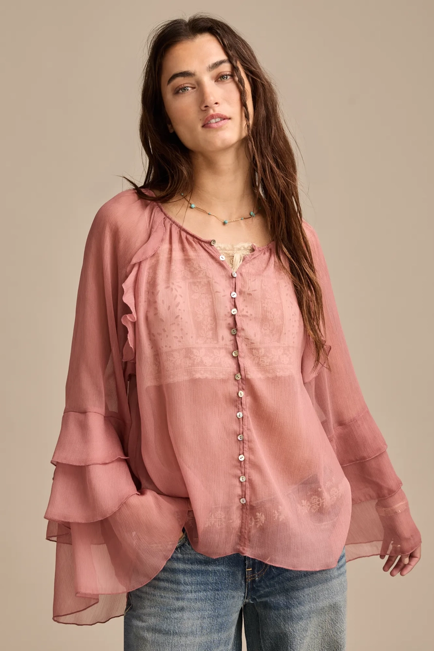 RUFFLE BUTTON DOWN BLOUSE