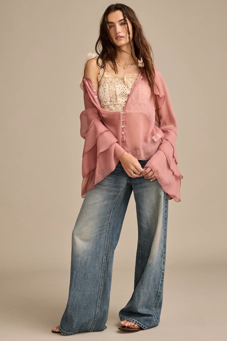 RUFFLE BUTTON DOWN BLOUSE