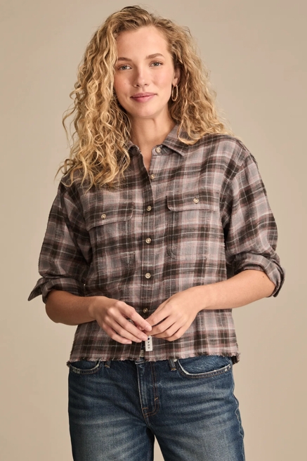 RAW EDGE FLANNEL CROPPED BUTTON DOWN SHIRT, image 1