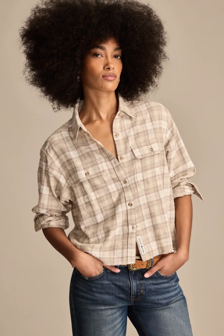 RAW EDGE FLANNEL CROPPED BUTTON DOWN SHIRT, image 1