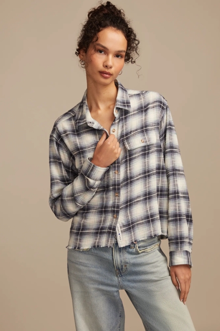 RAW EDGE FLANNEL CROPPED BUTTON DOWN SHIRT, image 1