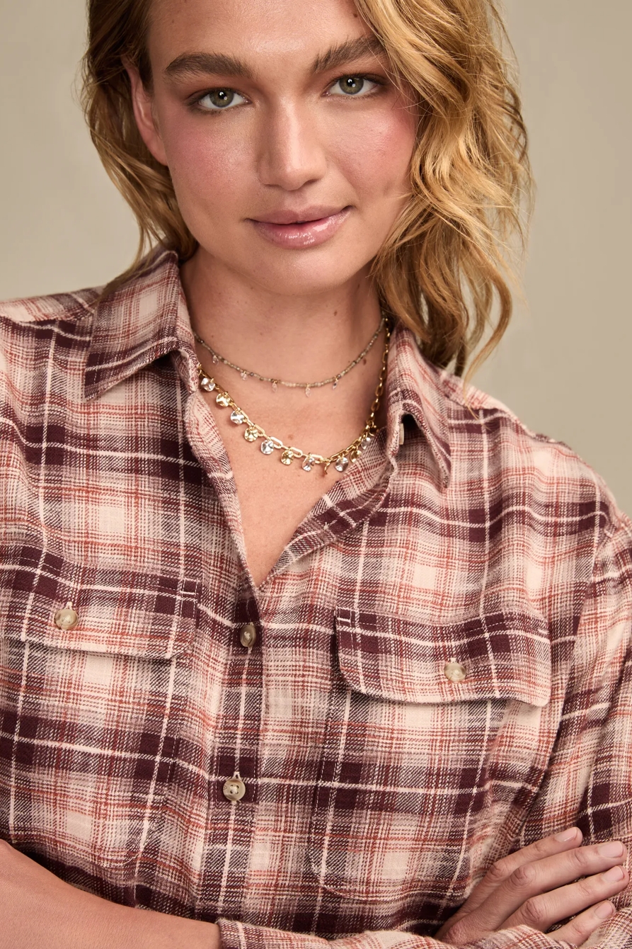 RAW EDGE FLANNEL CROPPED BUTTON DOWN SHIRT, image 2