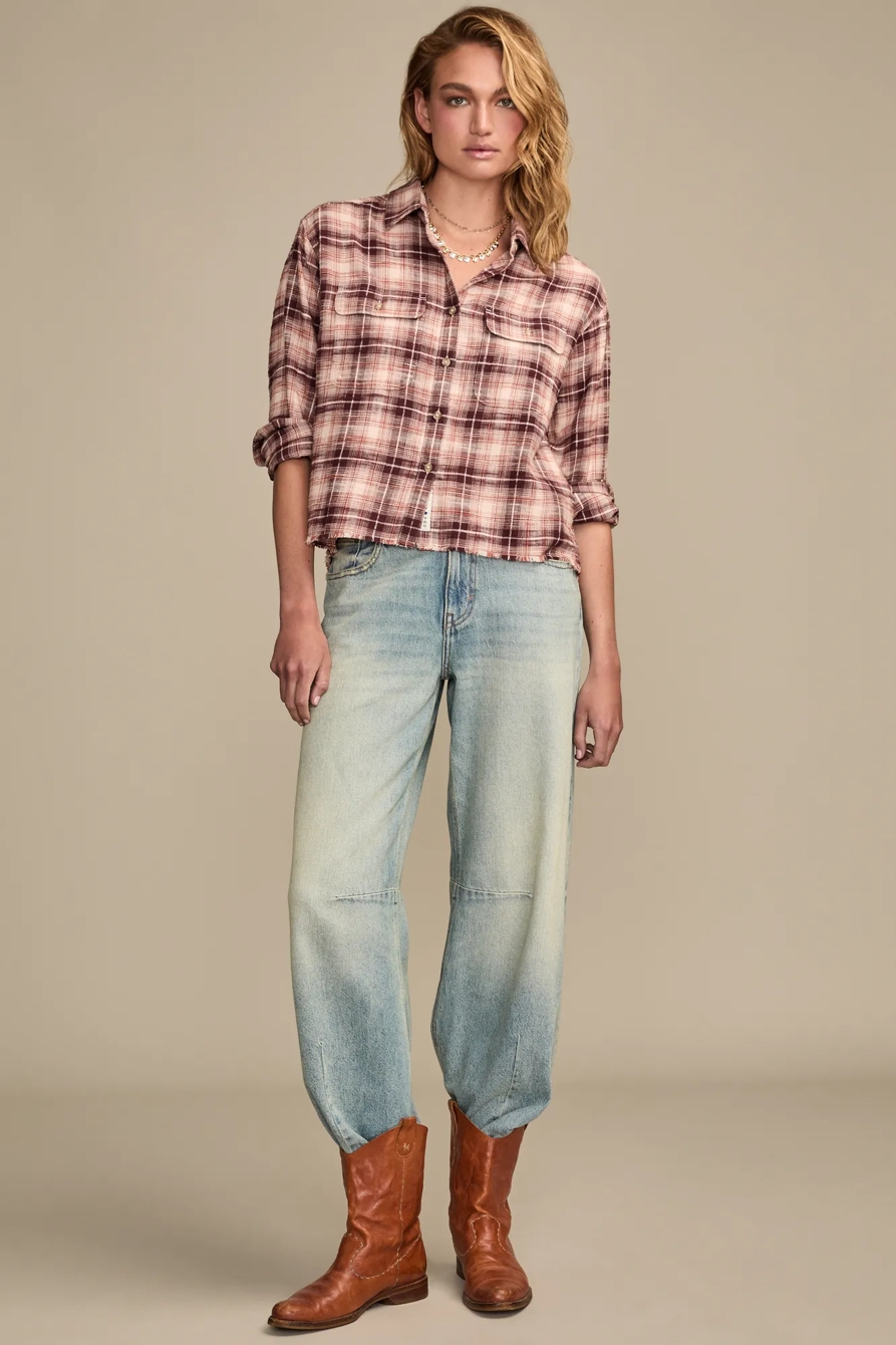 RAW EDGE FLANNEL CROPPED BUTTON DOWN SHIRT, image 5
