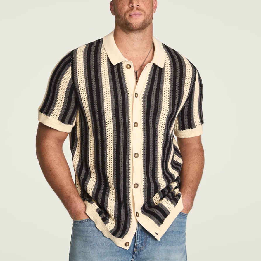 Lucky Brand Big And Tall Stripe Button Through Sweater -Men's Clothing Tops Sweaters in Whitecap Gray