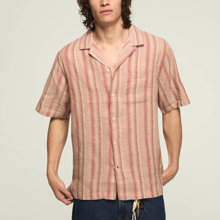 Lucky Brand Short Sleeve Linen Camp Collar Shirt - Men's Clothing Outerwear Shirt Jackets in Coral Multi