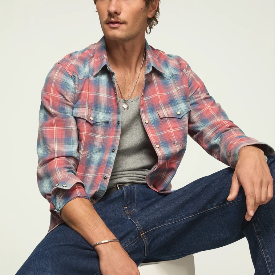 Lucky Brand Acid Wash Twill Mesa Western Shirt - Men's Clothing Outerwear Shirt Jackets