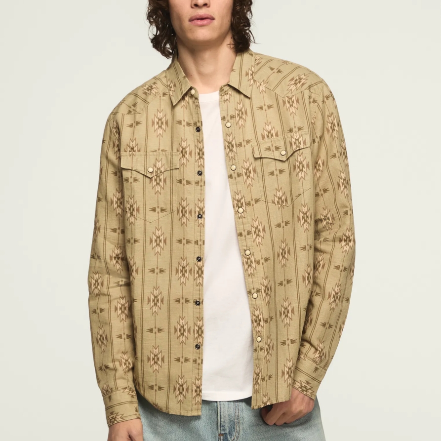 Lucky Brand Linen Long Sleeve Western Shirt - Men's Clothing Outerwear Shirt Jackets in Khaki Multi
