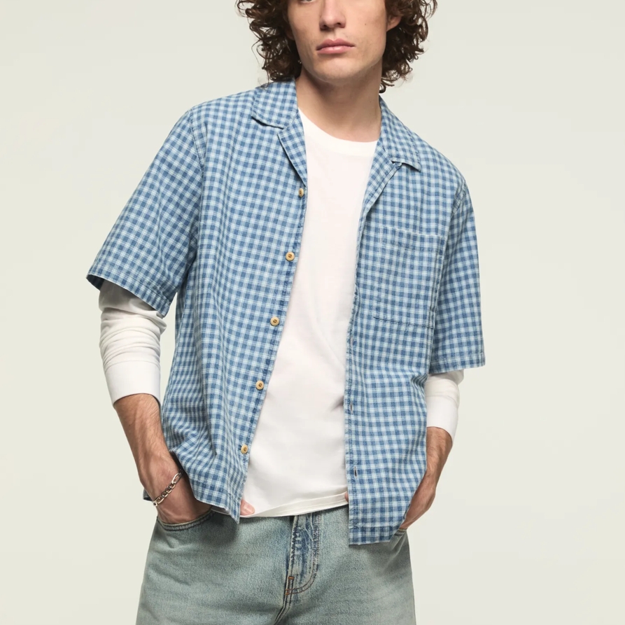 Lucky Brand Untucked Camp Collar Shirt - Men's Clothing Outerwear Shirt Jackets in Indigo
