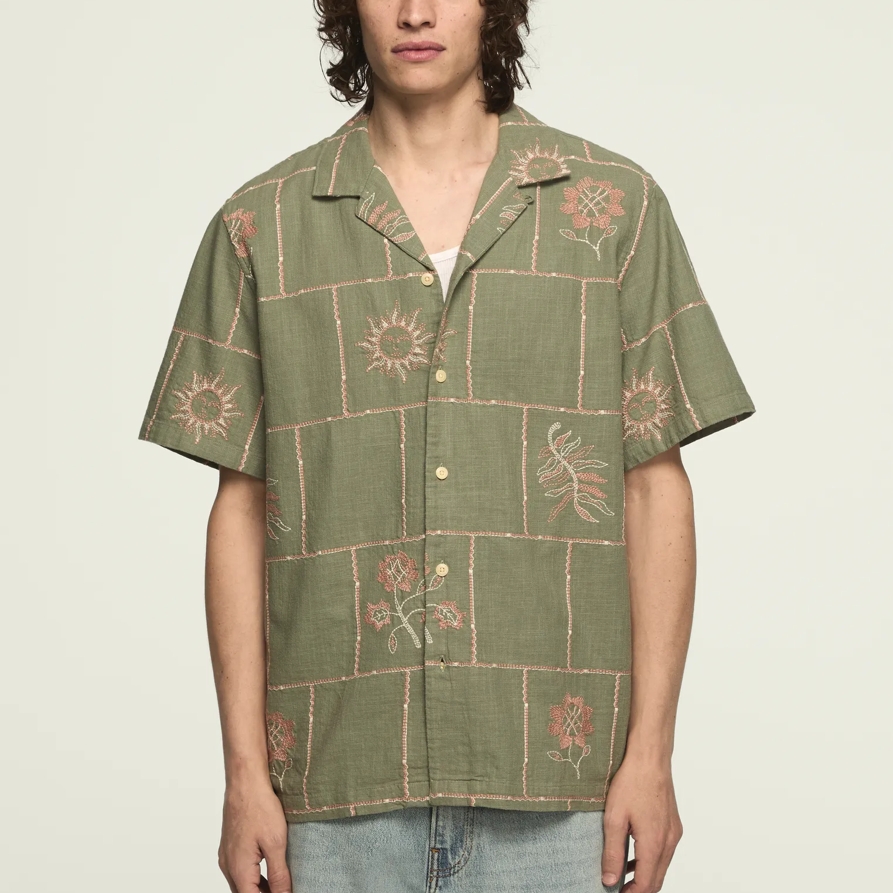 Lucky Brand Novelty Camp Collar Shirt - Men's Clothing Outerwear Shirt Jackets in Olive Multi
