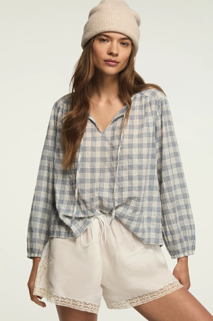 SHIRRED FLOWY PLAID SHIRT, image 1