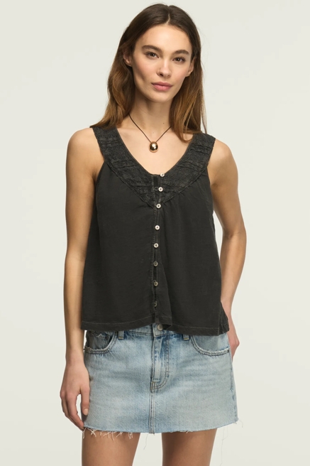 LACE YOKE V NECK TOP, image 1
