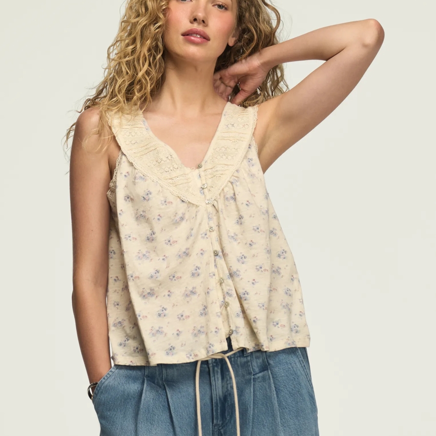 Lucky Brand Lace Yoke V Neck Top - Women's Clothing V Neck Tops Tee Shirts