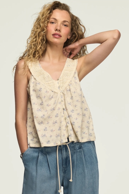 LACE YOKE V NECK TOP, image 1