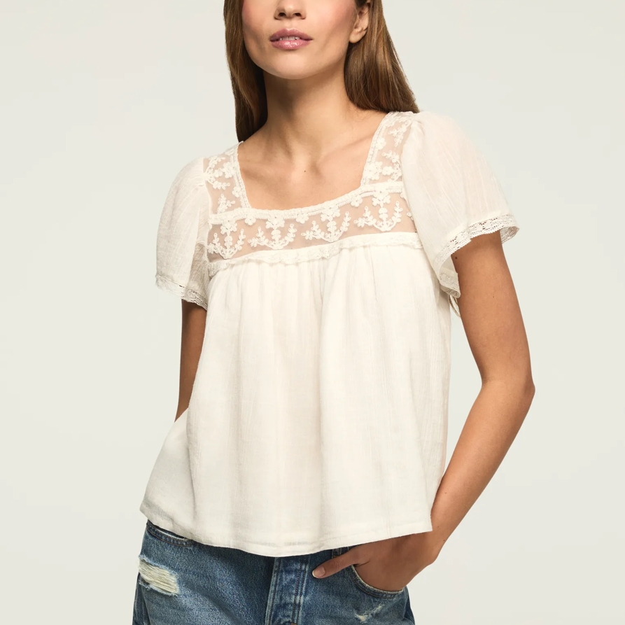 Lucky Brand Mesh Lace Square Neck Blouse - Women's Clothing Blouses Tops Dress Shirts