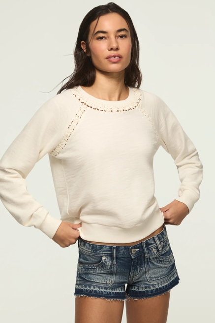 LACE TRIMMED FLEECE CREW, image 1